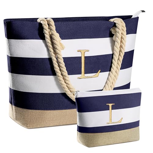 YOOLIFE Beach Bags for Women - Travel Canvas Beach Tote, Pool Waterproof Bag, Travel Essentials, Gifts for Women Birthday - color: Dark Blue, style: L
