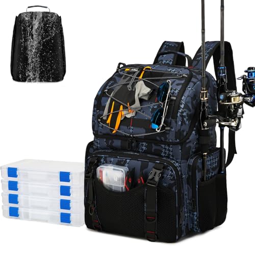 Fishing Backpack, 45L Large Cooler Fishing Tackle bag with Rod Holders & Rain Cover, Water-resistant Store Gear(With 4 Tackle Boxes) - color: Black Camo(With 4 Tackle Boxes)
