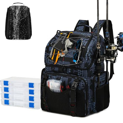 Fishing Backpack, 45L Large Cooler Fishing Tackle bag with Rod Holders & Rain Cover, Water-resistant Store Gear(With 4 Tackle Boxes) - color: Black Camo(With 4 Tackle Boxes)