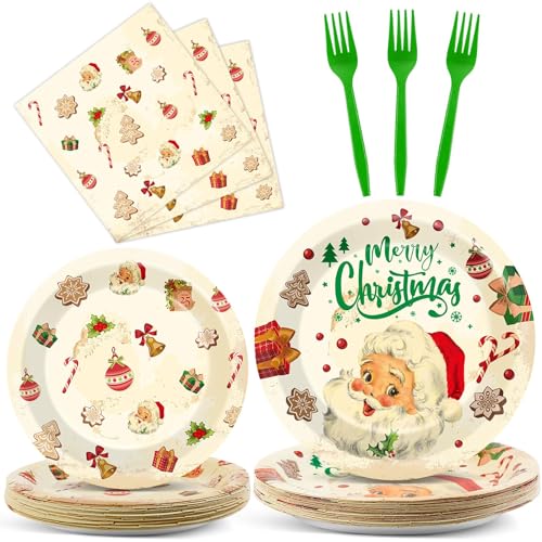 Qyeahkj 100 Pcs Christmas Xmas Party Paper Plates and Napkins, Vintage Holiday Party Supplies Birthday Party Tableware Set Table Decorations Favors with Forks for Girls Boys Kids Serve 25 - style: Merry Christmas