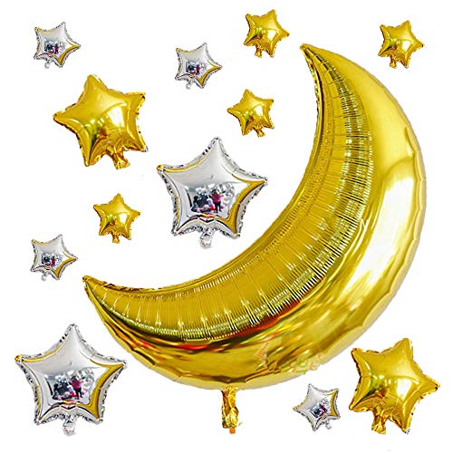 12 pcs 36inch Big Gold Moon Balloons and Silver Star Foil Balloon