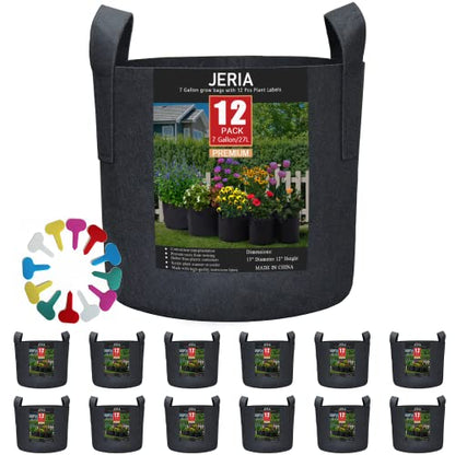 JERIA 12-Pack 7 Gallon Grow Bags, 300G Thickened Nonwoven Garden Pots,Heavy Duty Fabric Pots with Reinforced Handles - size: 7 Gallons