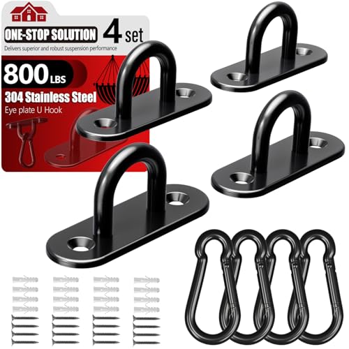 sprookber 304 Stainless Steel Pad Eye Snap Hooks, M6 Heavy Duty Ceiling Hooks, 800 lb Capacity Hammock Swing Hanging kit, Plant Hangers, Marine Hardware Staple Hook Loop with Screws, Set of 8(Black) - size: 2.3 inch, style: Black Oval