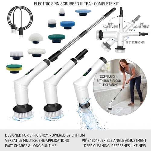 Spin Scrubber, 9-in-1 Multifunctional Electric Cleaning Brush with Detachable Handle, 9 Replaceable Brush Heads & LCD Display, Rechargeable for Bedroom, Bathroom, Kitchen, Car - color: White