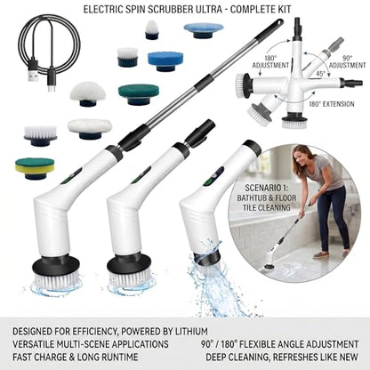 Spin Scrubber, 9-in-1 Multifunctional Electric Cleaning Brush with Detachable Handle, 9 Replaceable Brush Heads & LCD Display, Rechargeable for Bedroom, Bathroom, Kitchen, Car - color: White
