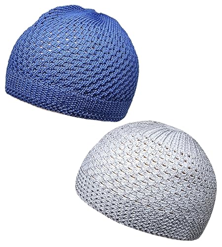 Set 2 Pieces Muslim Skull Cap Beanie AMN-341 Islam Prayer Crochet Takke Kufi Hat Eid Ramadan Gift - color: Sky Blue & Light Grey, size: Large