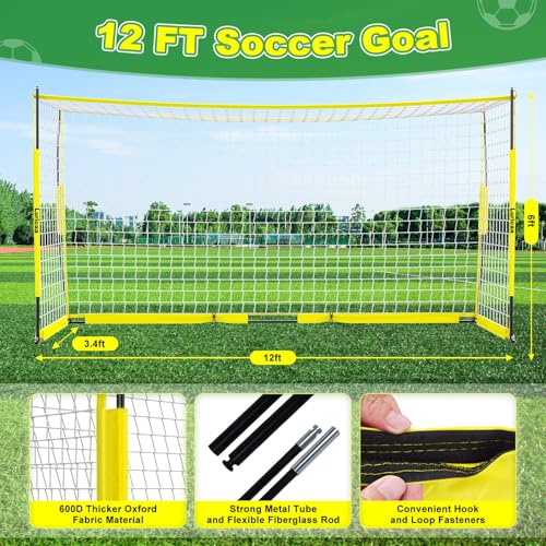 Soccer Goal 12×6 ft /16×7 ft Portable Soccer Goals Net for Backyard | Quick Setup Training Equipment, with Carry Bag, 4 Ground Nails, 12 Training Cones - color: 12×6FT Yellow