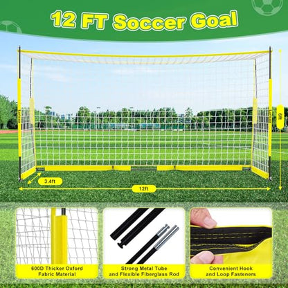 Soccer Goal 12×6 ft /16×7 ft Portable Soccer Goals Net for Backyard | Quick Setup Training Equipment, with Carry Bag, 4 Ground Nails, 12 Training Cones - color: 12×6FT Yellow