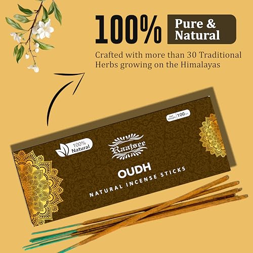 Pure Oud Agarwood Incense Sticks, 100%-Natural Charcoal Free Organic Non Toxic Clean Burning Handmade Insence Sticks 100 gm Pack, Raajsee Meditation Gifts – Spritual Cleansing - color: Oudh