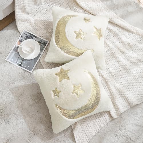 Holibeat Ramadan Throw Pillow Covers 18x18 inches Fluffy Sequin Decoration Pillowcases (Pack of 2) (3stars) - color: 3stars