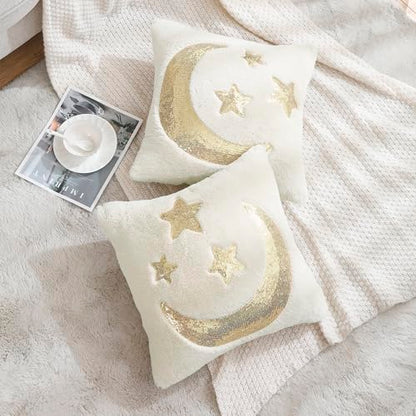 Holibeat Ramadan Throw Pillow Covers 18x18 inches Fluffy Sequin Decoration Pillowcases (Pack of 2) (3stars) - color: 3stars