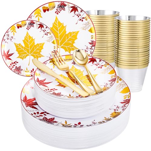 KIRE 150PCS Thanksgiving Plates Dinnerware Maple Leaves - Plastic Thanksgiving Plates with Gold Silverware Include 25Dinner 25Salad 25Forks 25Knives 25Spoons 25Gold Cups - color: Maple Leaves