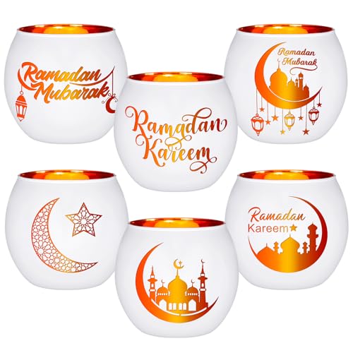 FoldTier 6 Pcs Ramadan Table Decor Ramadan Mubarak Candle Holders Glass Eid Mosque Decoration Votive Tealight Candle Holders for Muslim Gift Tabletop Centerpieces Islamic Party Home Decoration - style: Eid