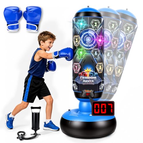 Punching Bag for Kids, 51-Inch Freestanding Inflatable Boxing Bag with Gloves & Pump, LED Lights, Music, Electronic Scoring and 4 Game Modes, Kids Boxing Set for Boys Girls Ages 4-12