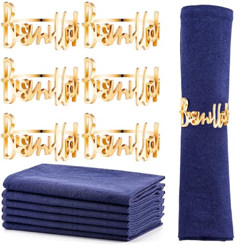 12 6 Set Gold Napkin Rings and Cotton Napkins Bismillah Letter Metal Napkin Buckles Dinner Cloth Napkins Muslim Table Decoration for Ramadan Party Islamic Holiday (Dark Blue) - color: Dark Blue
