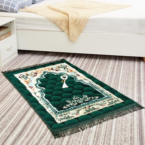 Muslim Prayer Rug with Tasbih Prayer Beads, Soft Large Prayer Matt Islam, Padded Islamic Prayer Mat Thick for Men and Women, Janamaz, Sajadah (31.5" x 47.2", Green) - color: Green