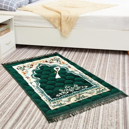 Muslim Prayer Rug with Tasbih Prayer Beads, Soft Large Prayer Matt Islam, Padded Islamic Prayer Mat Thick for Men and Women, Janamaz, Sajadah (31.5" x 47.2", Green) - color: Green