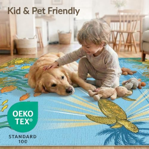 6'x9' Washable Beachy Sea Turtle Area Rug, Teal Non-Shedding Pet Friendly Room Rug for Queen Size Bedroom, Under Bed, Master Suite, Foldable Easy Care Carpet | Ref:1991881 - color: Blue/Pattern 46, size: 6' x 9' (Rectangular)