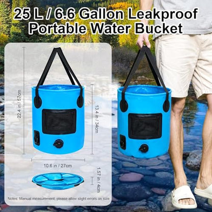 6.6 Gallon Collapsible Bucket with Drain Valve & Handle, Portable Outdoor Water Bucket for RV, Camping, Fishing, Hiking, Gardening & Car Washing
