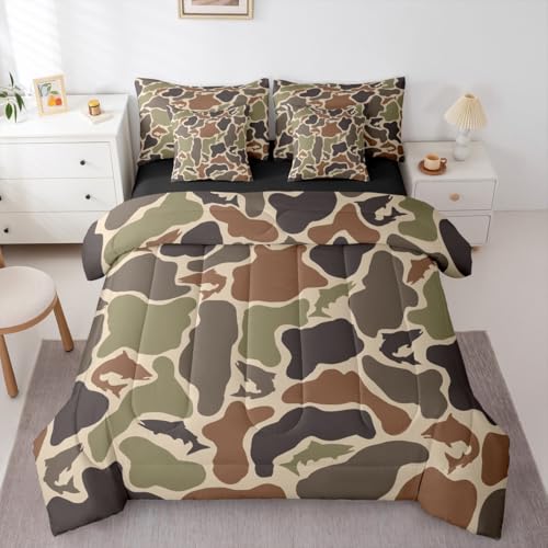 Erosebridal Camo Fish King Comforter Set with Sheets 7 Piece Bass Pike Fish Bed in A Bag Fishing Hunting Camouflage Bedding Sets for Men Adults Army Military Hunter Bed Set - color: Green Brown Black, size: King