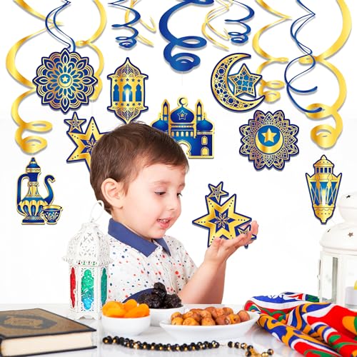 30Pcs Ramadan Mubarak Hanging Swirls- Blue and Gold Ceiling Swirls Hanging Streames for Eid Ceiling Whirl Birthday Baby Shower Party Decorations