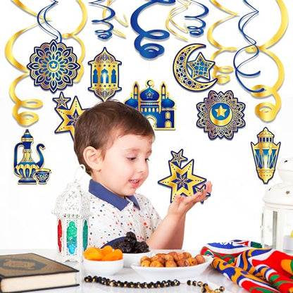 30Pcs Ramadan Mubarak Hanging Swirls- Blue and Gold Ceiling Swirls Hanging Streames for Eid Ceiling Whirl Birthday Baby Shower Party Decorations