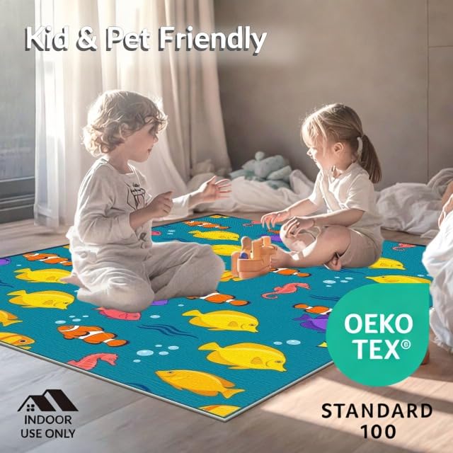 4'x6' Washable Graphic Fish Accent Rug, Teal Non-Shedding Small Carpet for Playroom, Bedroom, Reading Nook, Pet Friendly & Kids Safe Play Mat | Ref:1886587 - color: Blue/Pattern 15, size: 4' x 6' (Rectangular)