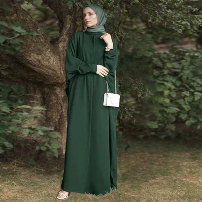 ODASDO Muslim Dresses for Women Abaya Button Down Henley Shirt Prayer Dress Batwing Long Sleeve Middle East Arabian Robe - color: Dark Green