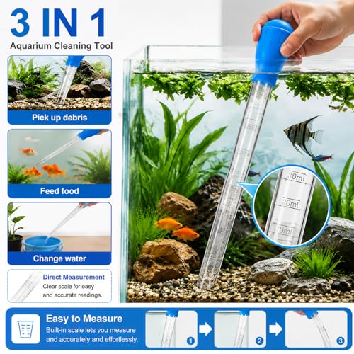 Fish Tank Cleaning Kit, Semi-Automatic Aquarium Gravel Cleaner Siphon Water Changer, Fish Tank Vacuum with Brush, Fish Waste Remover and Thermometer Strip (Non-Electronic) for Gravel and Sand Cleaning