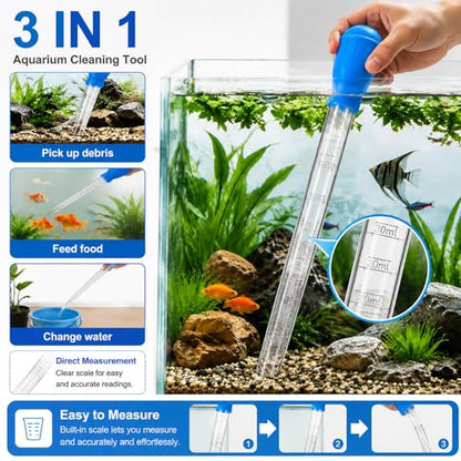 Fish Tank Cleaning Kit, Semi-Automatic Aquarium Gravel Cleaner Siphon Water Changer, Fish Tank Vacuum with Brush, Fish Waste Remover and Thermometer Strip (Non-Electronic) for Gravel and Sand Cleaning