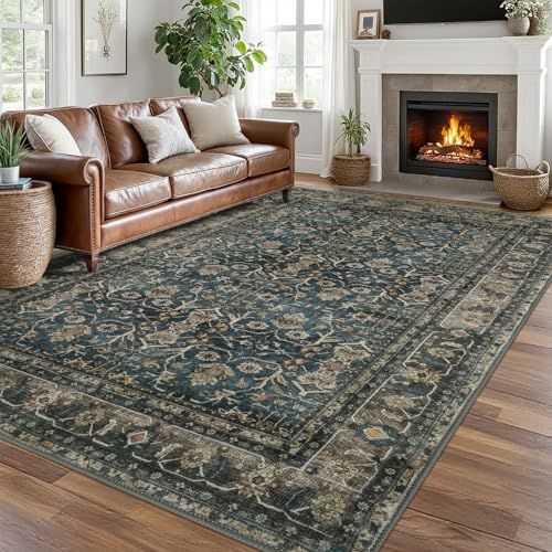 SIILOOM 8x10 Area Rugs for Living Room Blue Brown, Machine Washable Large Area Rug Slip-Resistant, Ultra Soft Vintage Floral Tribal Farmhouse Carpet for Dining Room Bedroom Home Décor - color: Blue/Brown, size: 8' x 10' (Rectangular)