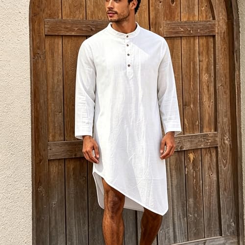 Mens Kaftan Thobe Robe Cotton Linen Long Sleeve Henley Shirt Casual Asymmetric Hem Muslim Kurta Gown Tops - color: White, size: XX-Large
