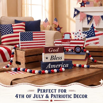 Yousoontic 7 Pcs 4th of July Tiered Tray Decor Set, Patriotic Wooden Table Decorations with Bead Garland, Rustic Farmhouse USA Independence Day Decor for Kitchen, Tabletop, Mantel - style: 4th of July