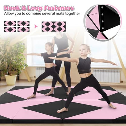Giantex 4'x8' Gymnastics Mat, 2" Thick Folding Tumbling Mat with Carrying Handles, Foldable Gym Mat with Hook and Loop Fastener, Cheer Mats for Kids Adults Home Exercise Aerobics Fitness - color: Light Pink/Black