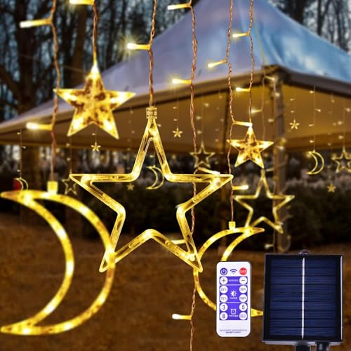 138 LED Ramadan Decorations Light Solar Moon Star Lights String Light Outdoor Waterproof Solar Powered Curtain Lights with 8 Modes Ramadan Hanging Decor for Patio (Warm White) - color: Warm White