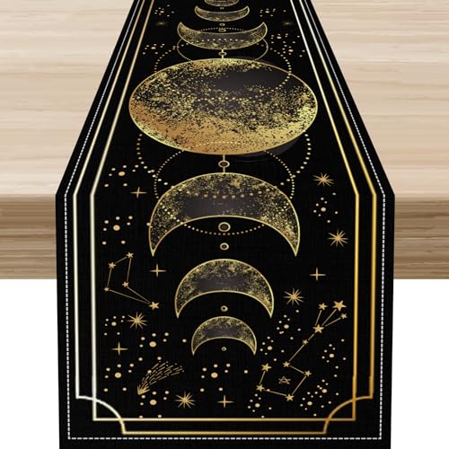 Boho Sun Moon Table Runner,Black Astrology Mystical Magic Sun Moon Linen Coffee Table Center Decor for Family Kitchen Farmhouse Holiday Party Table Decorations Indoor Outdoor 13x36 inch - color: Moon-8, size: 13x36" Table Runner