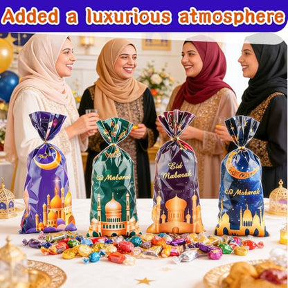 LERCTH 50 PCS Ramadan Eid Mubarak Gift Bags with Gold Twist Ties - 4.9x10.7 Inch Metallic Foil Treat Bags, Moon Star Design Party Favor Bags for Islamic Holiday Celebrations - color: Ramadan Bags 50 pack
