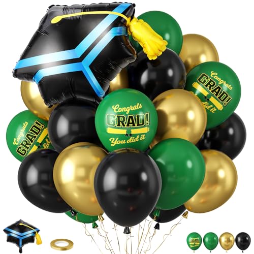 Green Black Graduation Balloons, Dark Green Gold Black Balloons with Cap Foil Grad Printed Balloon for Class of 2026 Graduation Decorations Celebration Party - color: Green Black Gold