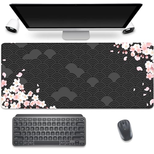 Black Watercolor Cherry Blossom Desk Pad Mouse Pad,Large Gaming Mouse Mat with Stitched Edges,Non-Slip Waterproof Rubber Base Mousepad for Office Work Home Desk Mat(27.5X11.8 in) - color: Black Watercolor and Cherry Blossom