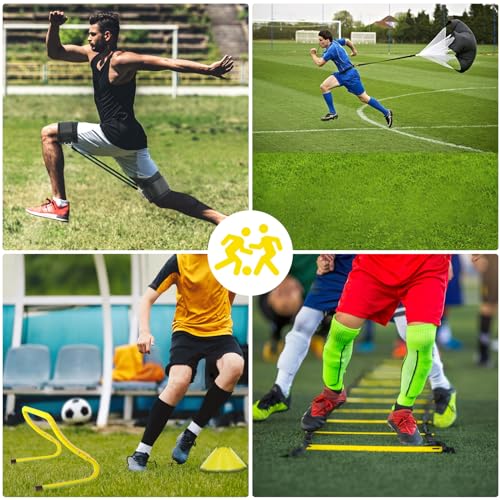 Haootadiy Agility Training Equipment, Football Training Equipment Includes 20FT Agility Ladder,4 Adjustable Agility Hurdles, 12 Football Cones, Parachute, for Training Soccer Basketball Athletes - color: YELLOW