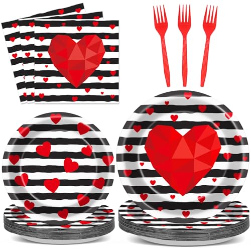 Wiooffen 96 Pcs Valentine's Day Party Plates Napkins Tableware Set Valentines Red Love Heart Stripe Supplies Disposable Dinnerware Valentine's Day Decoration Favors for Wedding 24 Guests - style: Valentine's Day