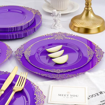 Realluck 350 Piece Purple and Gold Dinnerware Set for 50 Guests - color: Purple