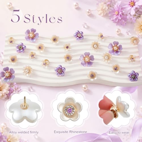 50 Pcs Pearl Rhinestone Brooch Pin Flower Embellishments Brooches and Pins for Women Lapel Pins No Sew Button Charms Accessories for Clothes Bags Wedding DIY Crafts, 5 Styles - color: Purple