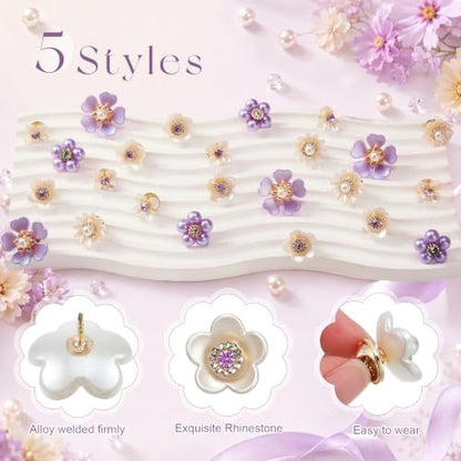 50 Pcs Pearl Rhinestone Brooch Pin Flower Embellishments Brooches and Pins for Women Lapel Pins No Sew Button Charms Accessories for Clothes Bags Wedding DIY Crafts, 5 Styles - color: Purple