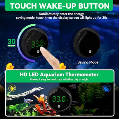 Removable Aquarium Water Thermometer Gauge with Touch Screen Digital Fish Tank Thermometer LED Display ±1℉/0.5℃, Fish Tank Accessories for Betta, Axolotl, Shrimp, Turtle, Reptile and Aquatic (Black)