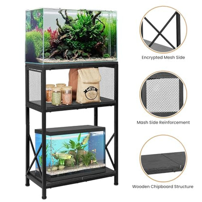 SwaaVee Fish Tank Stand, 10 Gallon Aquarium Stand, 3-Tier Metal Storage Shelf, 20.47"×11.42"×31.69" Heavy Duty Terrarium Stand for Home Office Fish Tank Shelf, Black - color: Rustic Black