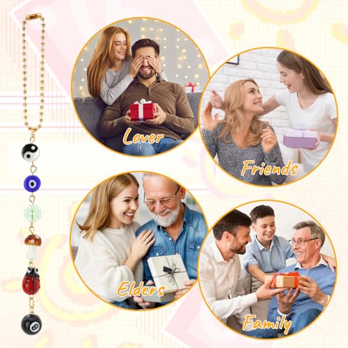 Evil Eye Car Hanging Ornament, Car Mirror Hanging Accessories Good Lucky Days Charm Decor with Four-Leaf Clover Ladybug 8 Ball Mushroom Yin Yang Symbo and Boho Car Accessories for Keychain Cellphone