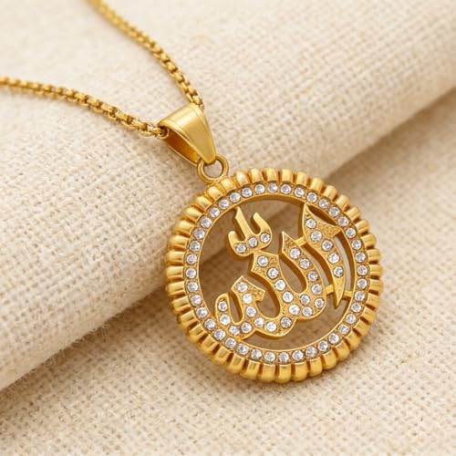 Hip Hop Stainless Steel Iced Out Hollow Allah Pendant Round Necklace - color: Gold
