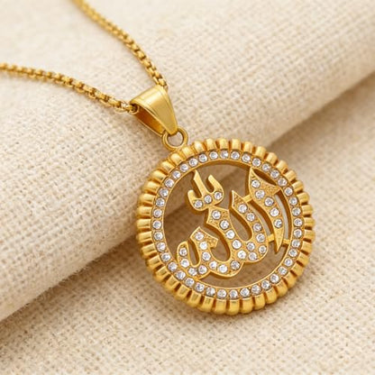 Hip Hop Stainless Steel Iced Out Hollow Allah Pendant Round Necklace - color: Gold