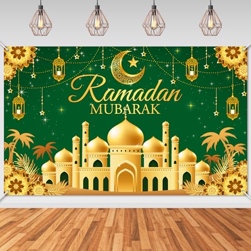 Avezano Ramadan Mubarak Decorations Backdrop Banner 6 x 3.6 ft Muslim Ramadan Month Photo Background for Home Muslim Eid Party Supplies Indoor Outdoor, Green